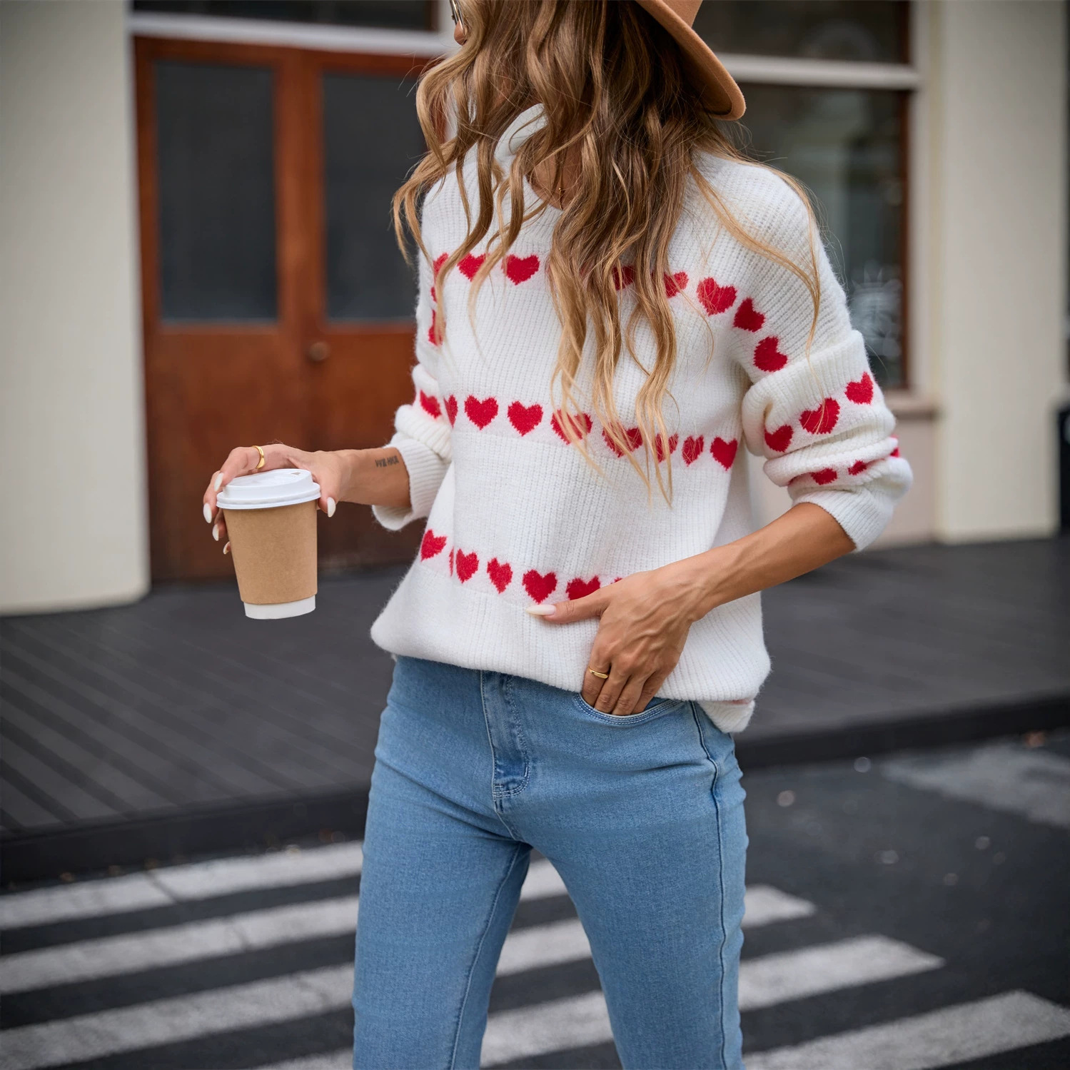 Women's Heart Print Knit Pullover Sweater
