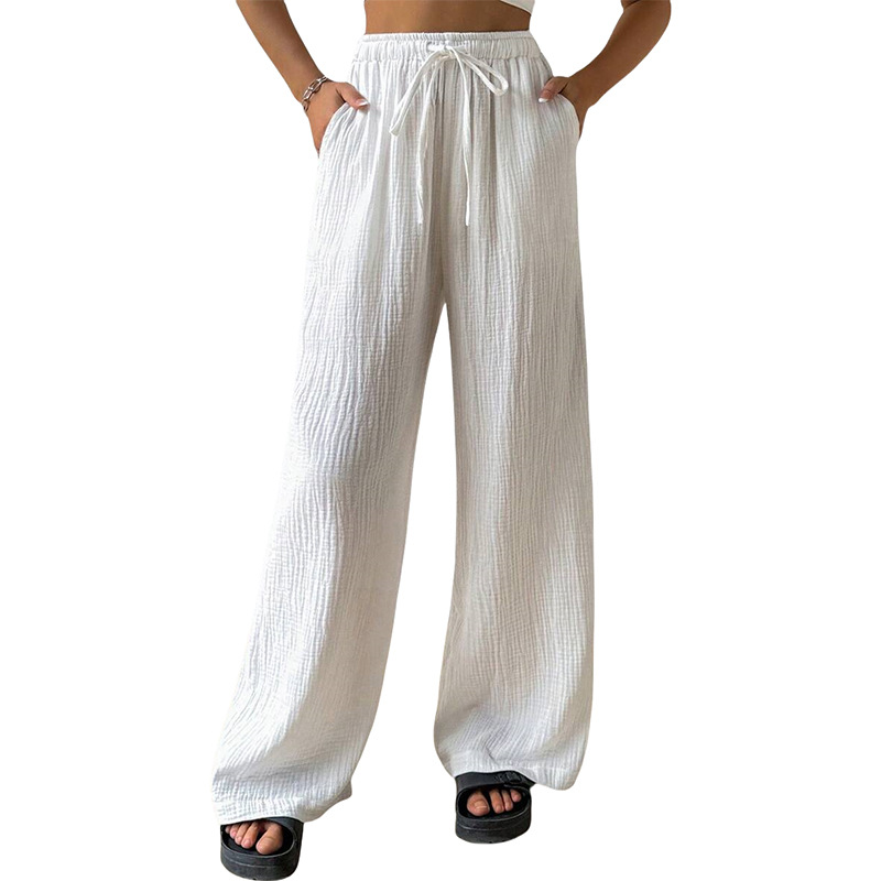 Cotton-Linen Crinkled Wide-Leg Lounge Pants for Women, Loose Solid Color
