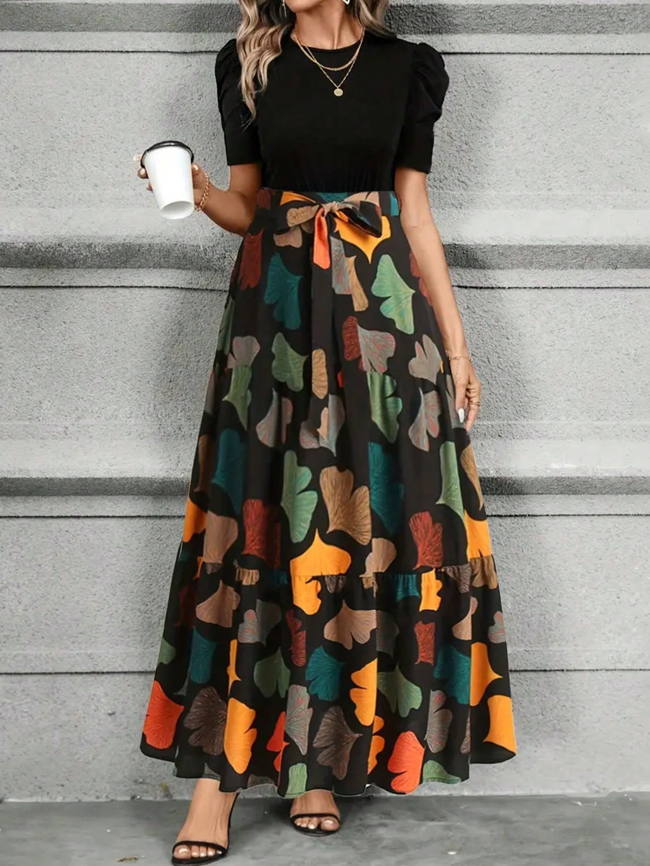 Floral Print Round Neck Short Sleeve A-Line Maxi Dress