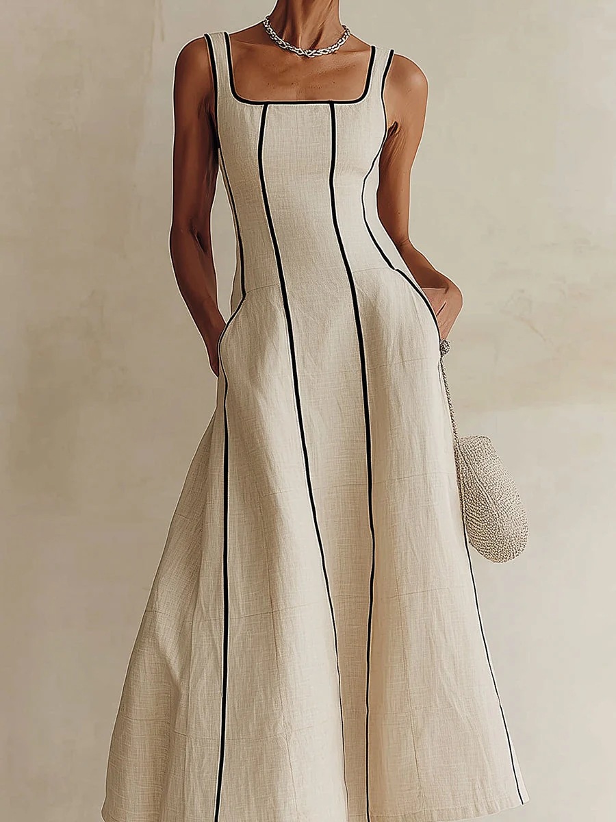 French Square-Neck Contrast Stitch Linen-Blend Midi Dress with Pockets
