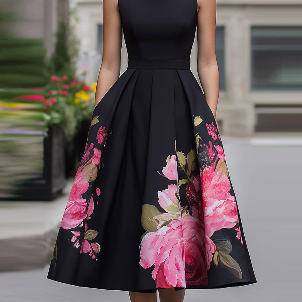 Women's Sleeveless Floral A-Line Midi Dress with Waist-Cinching Pleats