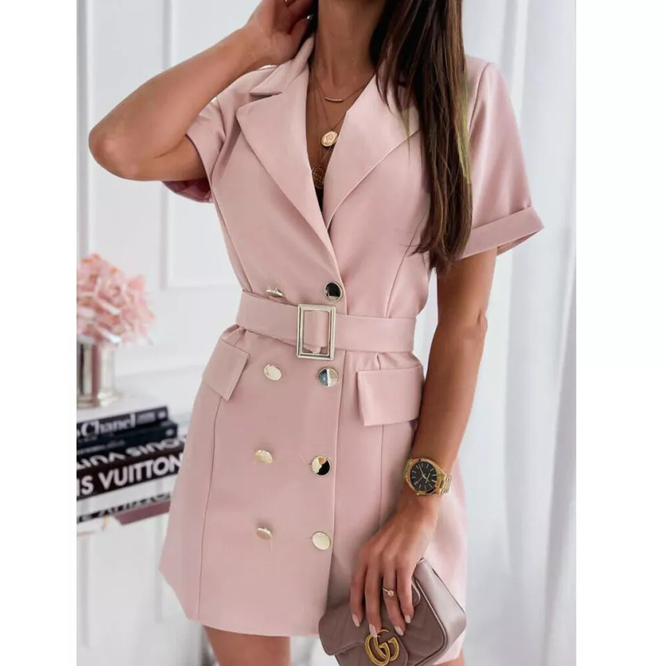 Women's Waist-Cinching Double-Breasted Short-Sleeve Blazer-Collar Dress