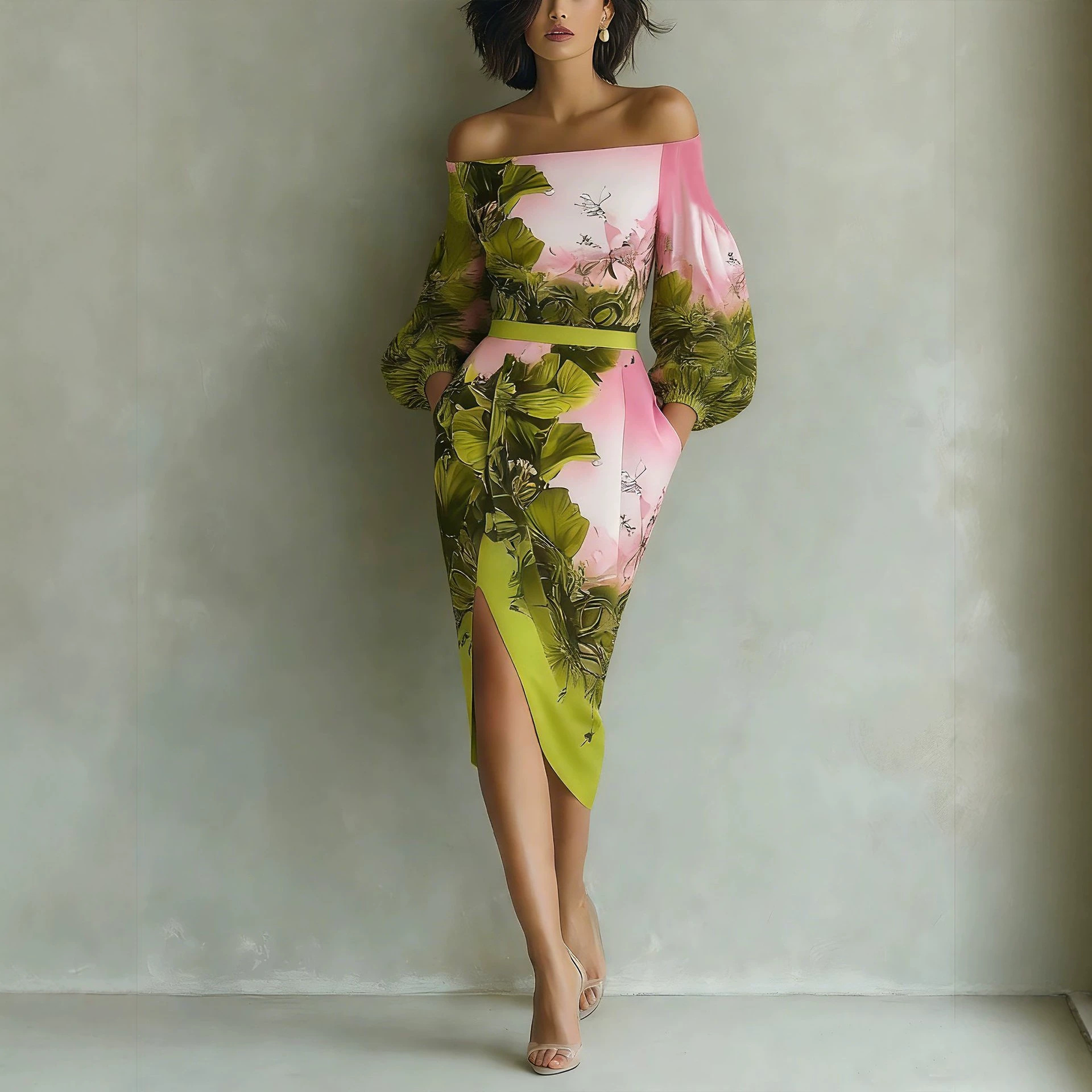 Off-Shoulder Floral Print Midi Dress with Puff Sleeves and Slit