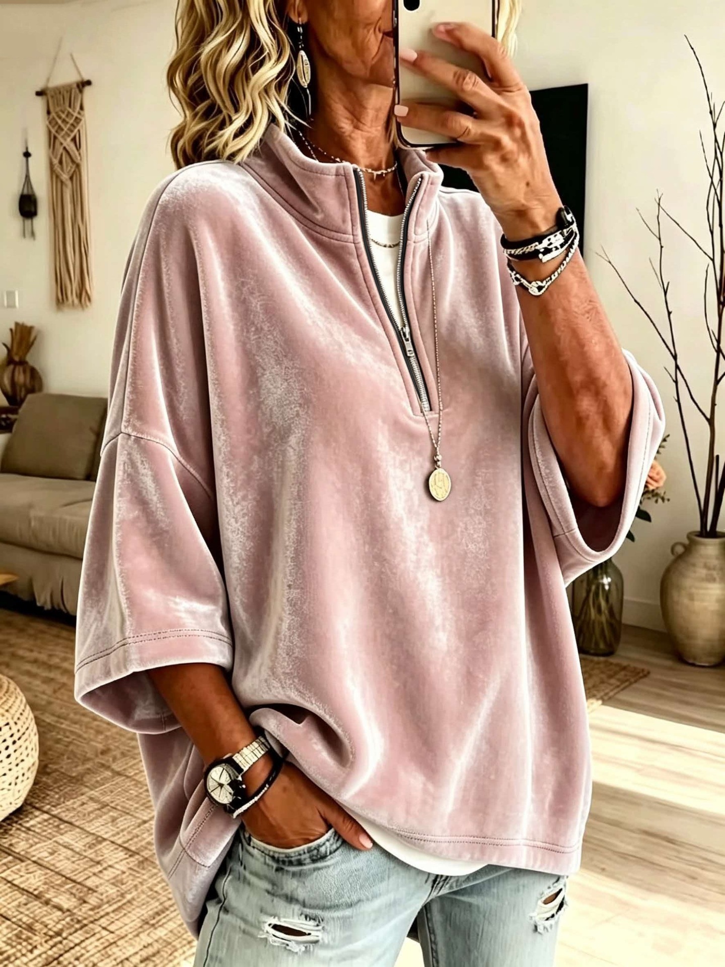 Women's Velvet Zip-Up Top with 7/8 Sleeves and High Neck