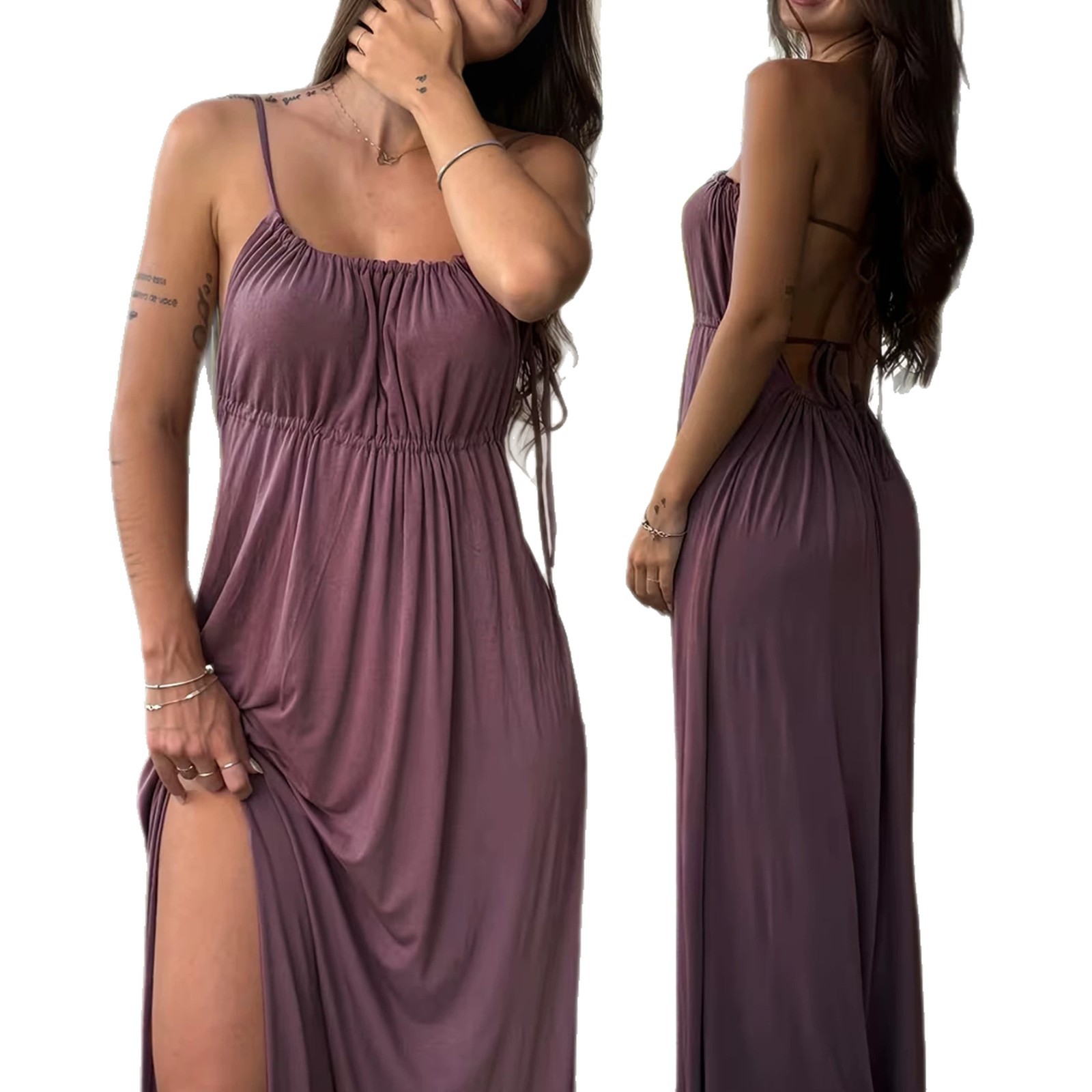 French Sweet Style Plus Size Drawstring Loose Cami Long Dress Solid Color