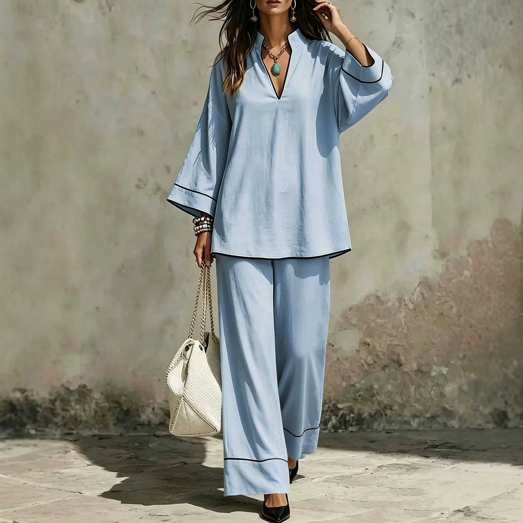Women's Casual Two-Piece Set Long Sleeve V-Neck Colorblock T-Shirt and Pants