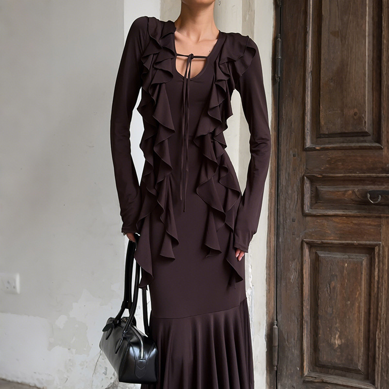 Women's Ruffle Long Sleeve Bodycon Mermaid Dress