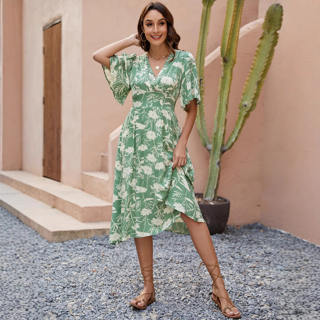 Floral Print V-Neck Short Sleeve Cinched Waist Midi Vacation Dress