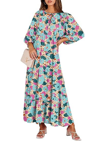Geometric Print Puff Sleeve Maxi Dress with High Waist and Tie Detail