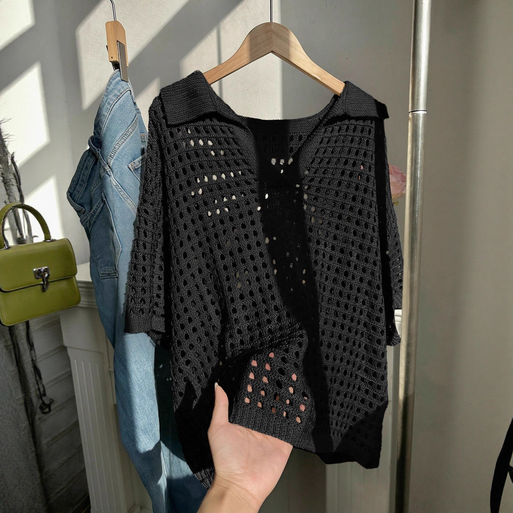 Open-Knit Collared Midi Cardigan