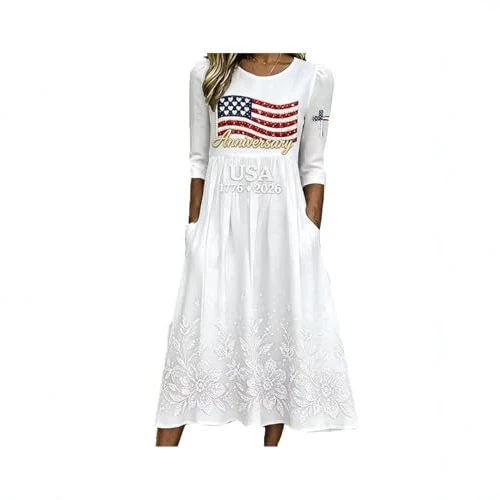 Women's American Flag Print Ruched Floral Dress with Pockets