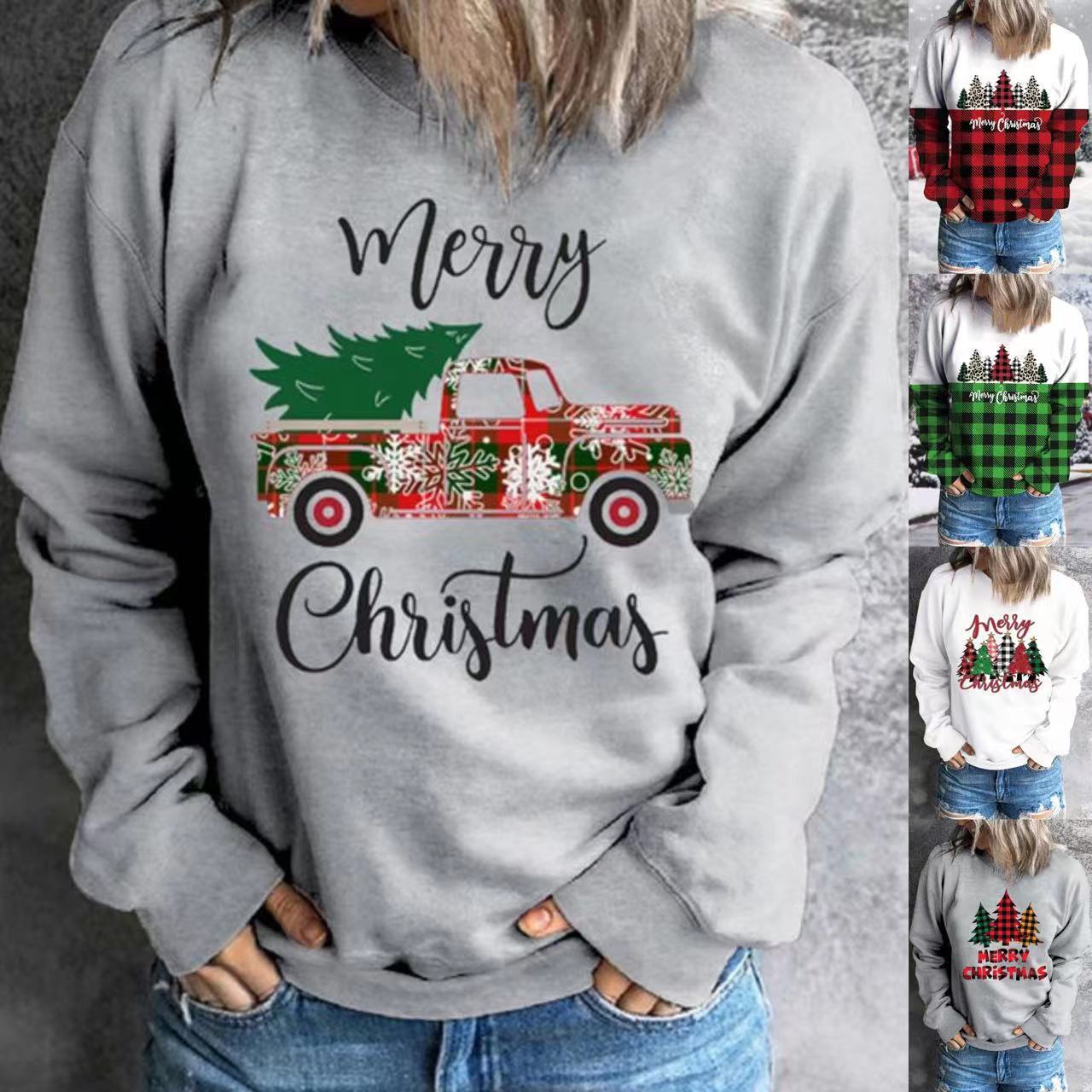Women's Colorblock Plaid Cartoon Tree Crewneck Sweatshirt