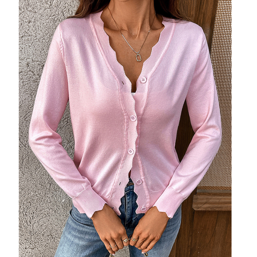V-Neck Long-Sleeve Knit Cardigan Solid Ice Silk Lightweight Women's