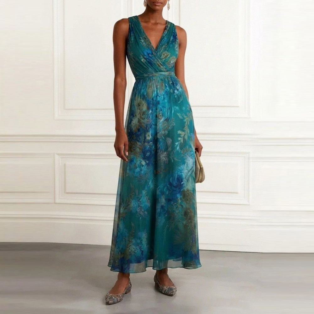 V-Neck Printed Waist-Cinched Sleeveless Long Dress