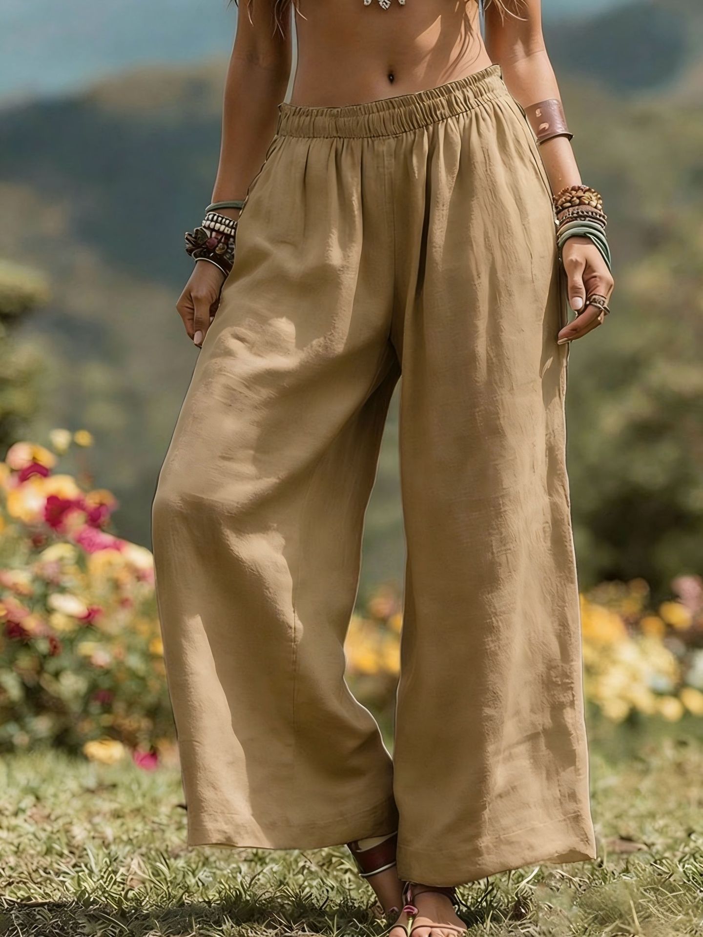 Women's Solid Color Wide-Leg Pants with Side Pockets and Elastic Waist