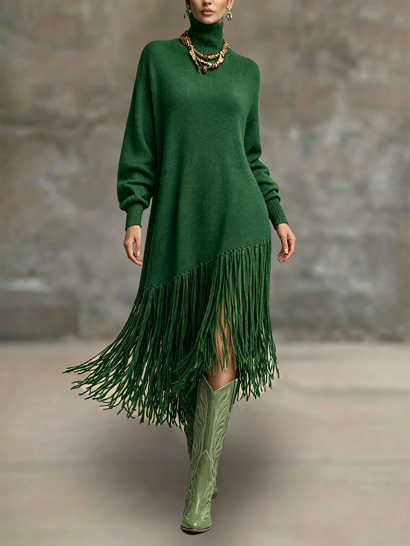 Women's Bohemian Long Fringe A-Line Midi Dress