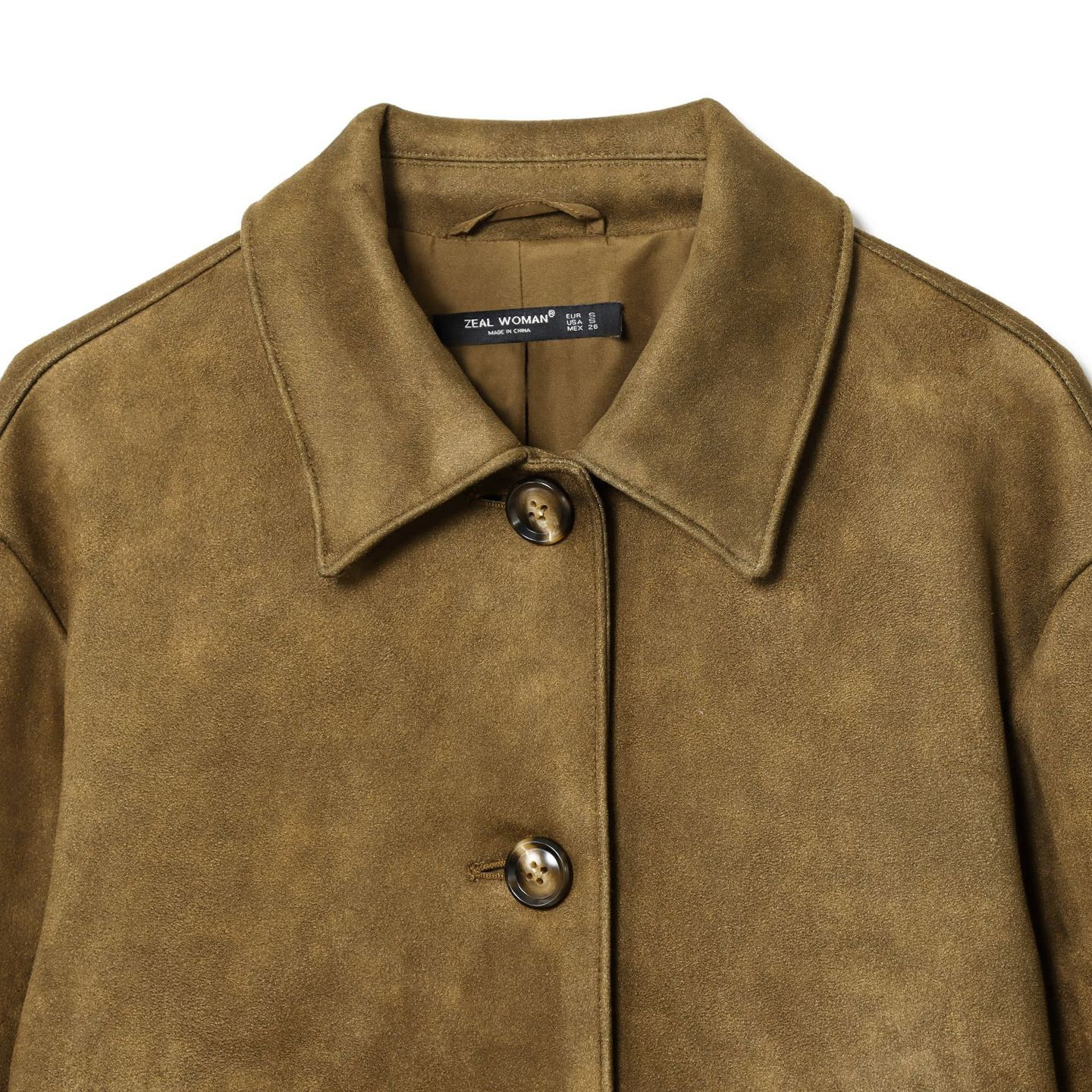 Women's Cropped Faux Suede Jacket with Button Front and Round Neck