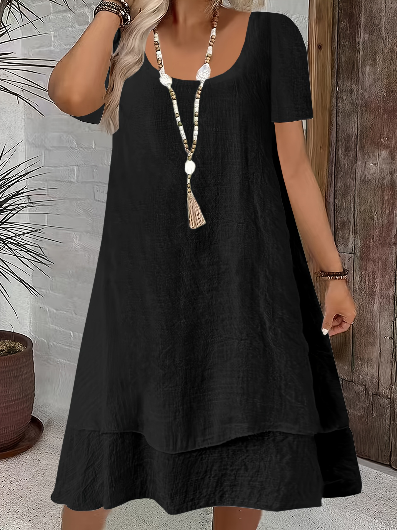 Women's Casual Loose Short Sleeve Solid Crewneck Double-Layer Dress