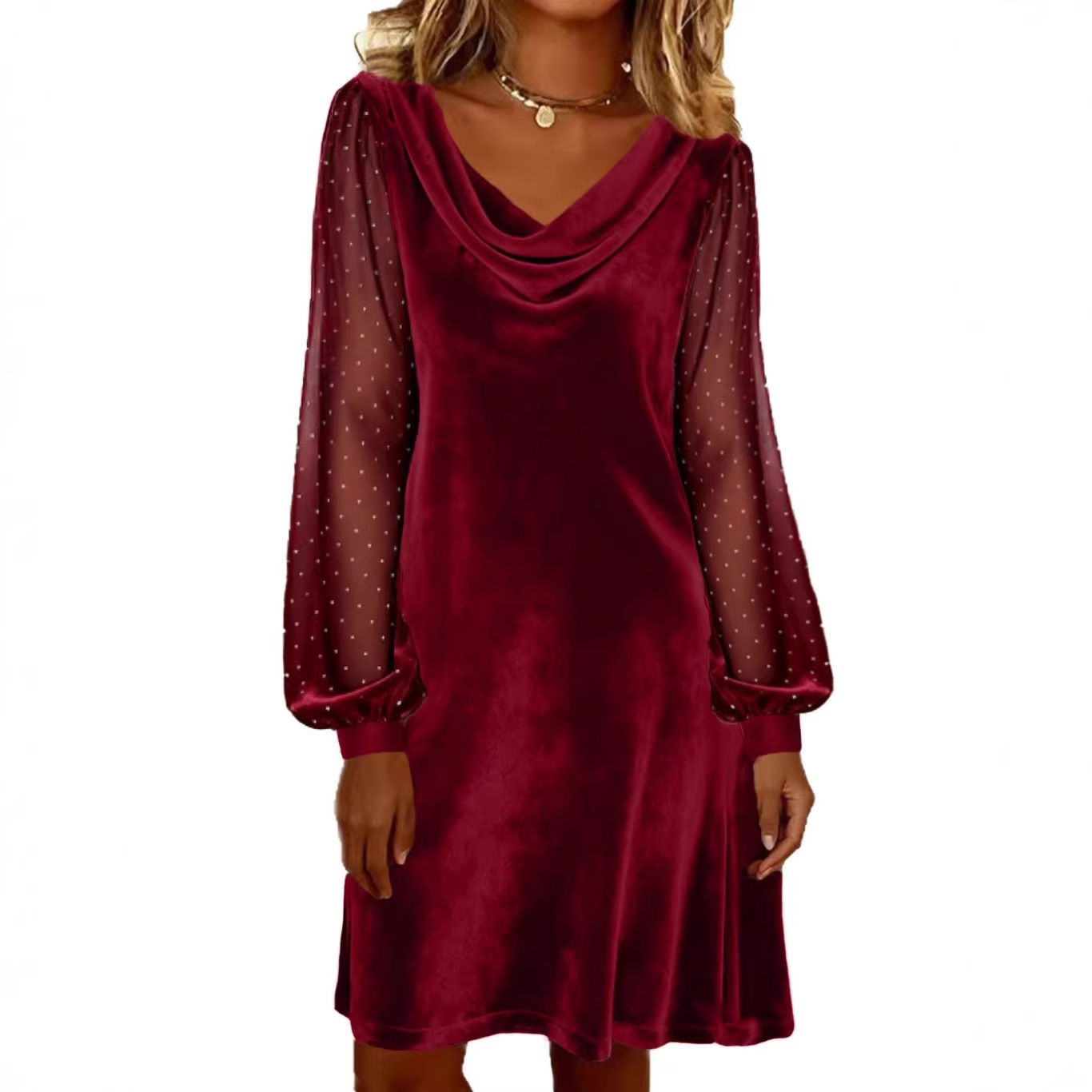 Women's Solid V-Neck Mesh A-Line Midi Dress with Sequin Detail