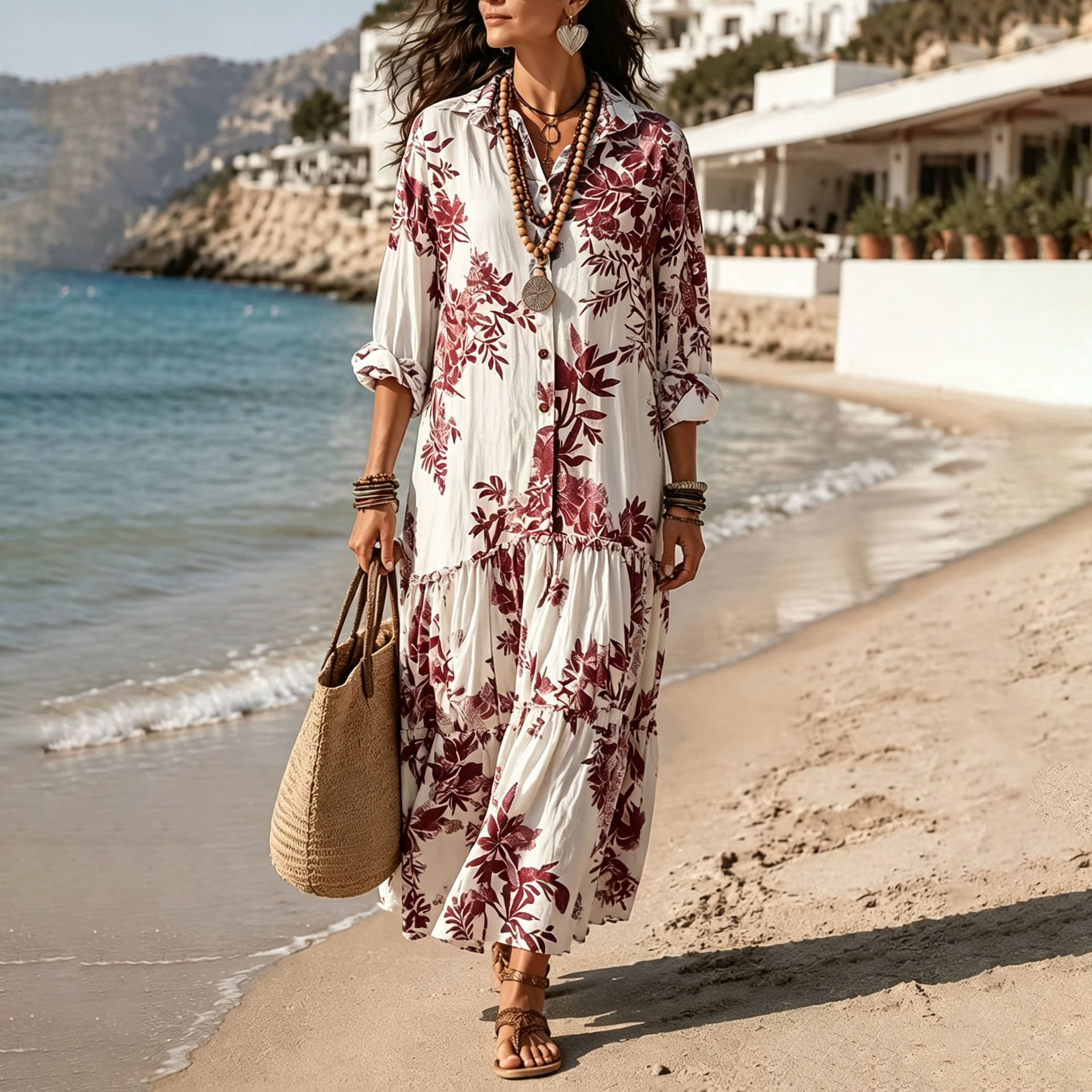 Women's Boho Floral Print Long Sleeve Collared Shirt Dress