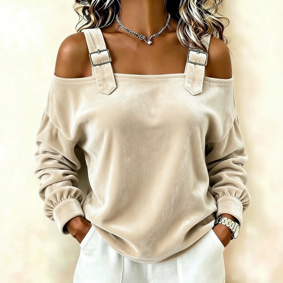 Off-Shoulder One-Line Neck Long-Sleeve Knit Top