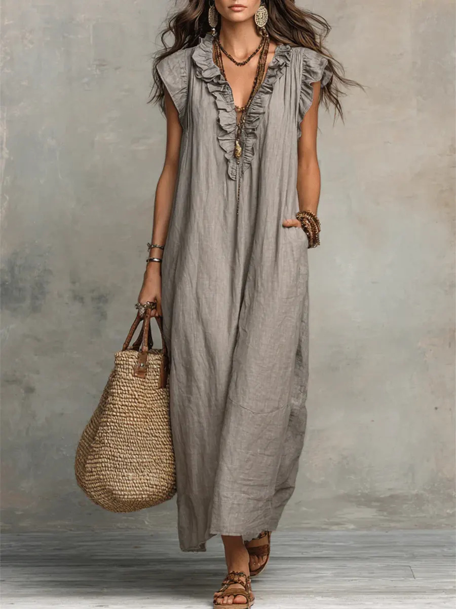 Boho Flutter-Sleeve Maxi Dress with Deep V-Neck