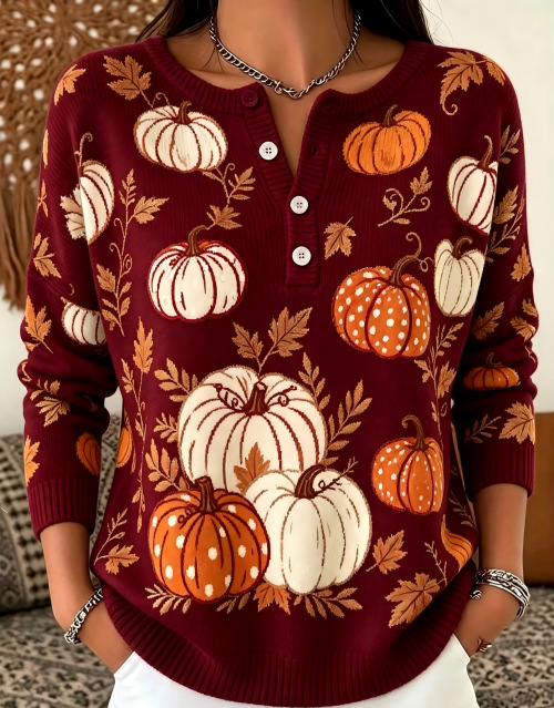 Women's Pumpkin Print Button-Up Casual Sweatshirt