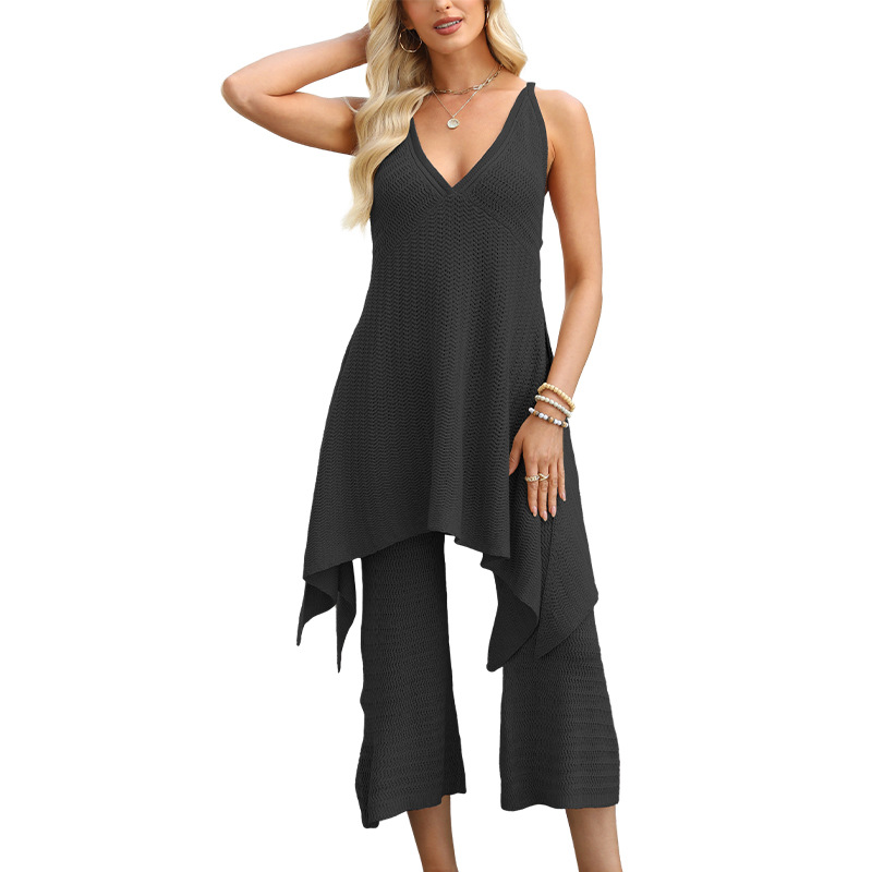 Women's Deep V-Neck Sleeveless Knit Top and Pants Two-Piece Set