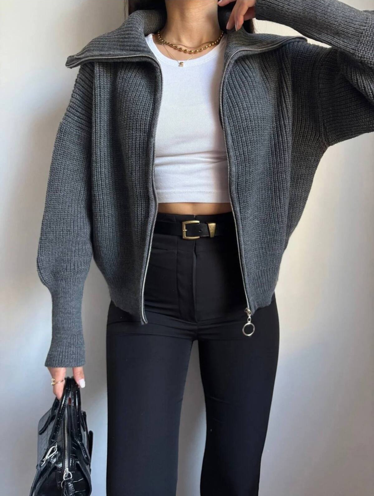 Women's Thick Loose V-Neck Zip-Up Cardigan Sweater Coat Solid Color