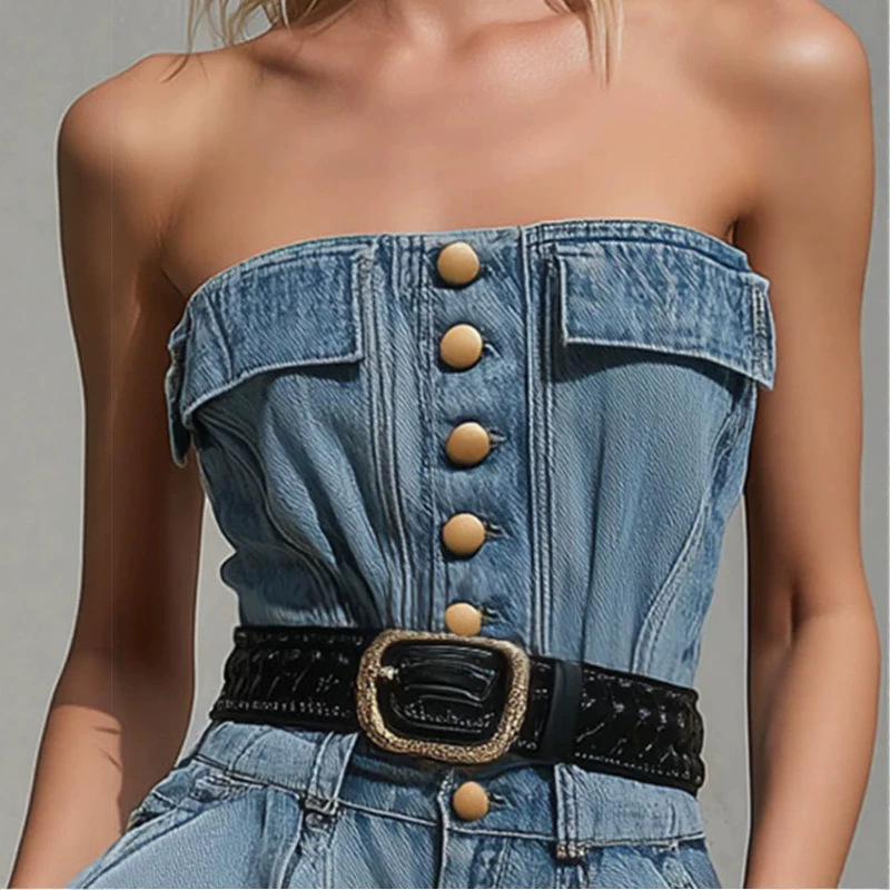 Women's Vintage Blue Off-Shoulder Denim Romper with Pockets