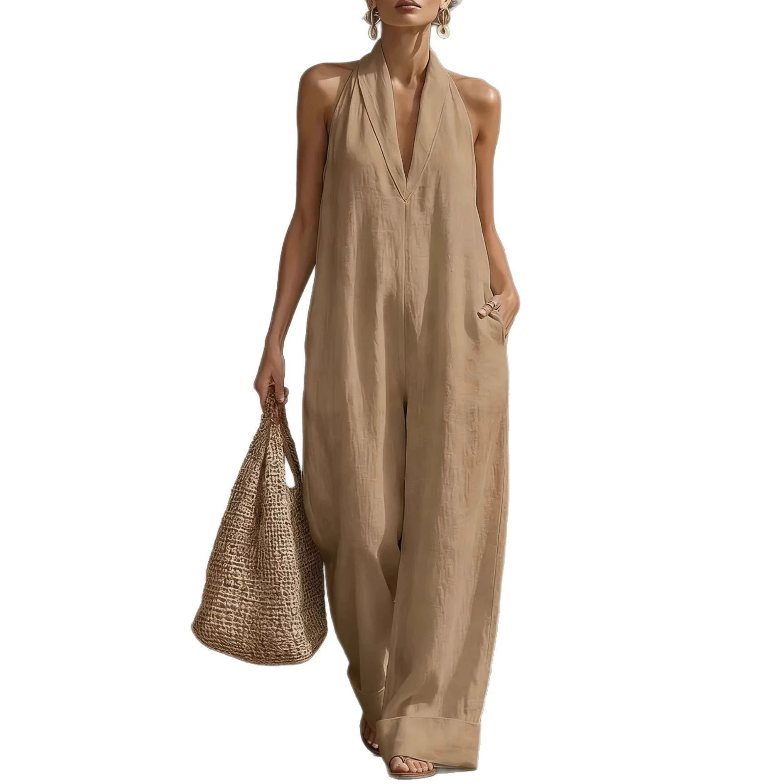 Women's Sleeveless Halter Wide-Leg Jumpsuit Solid Color Linen-Blend Long Pants