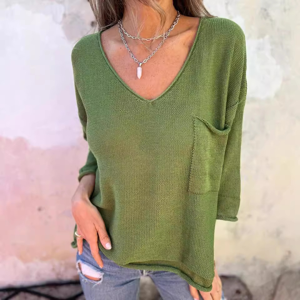 V-Neck Long-Sleeve Pocket Knit Sweater Top