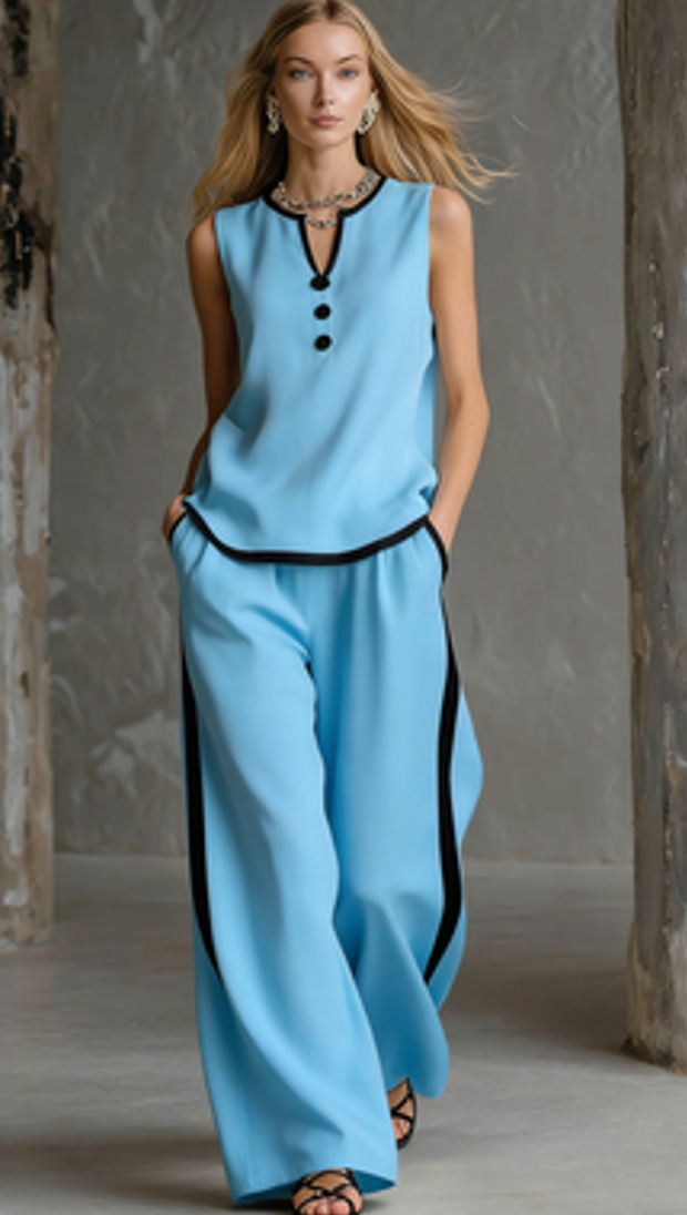 Sleeveless V-Neck Colorblock Top & Wide-Leg Pants Set
