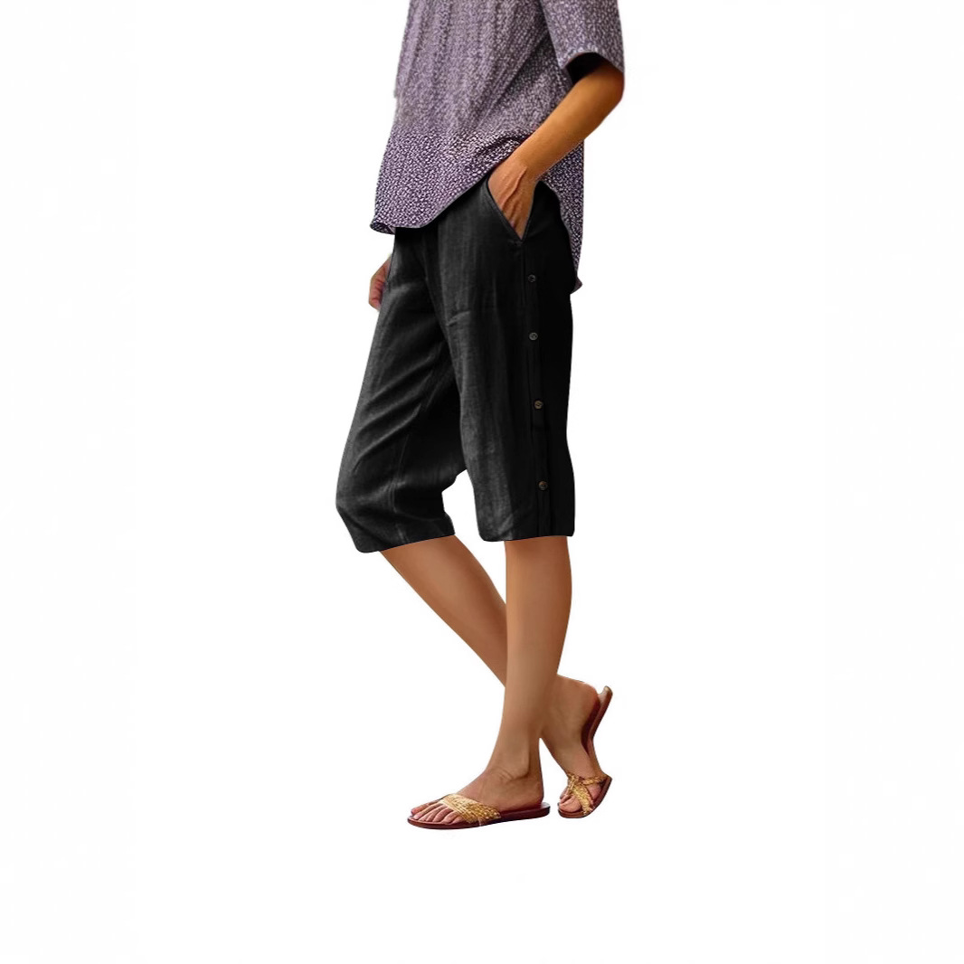 Cotton-Linen Cropped Pants with Side Button Detail and Pockets
