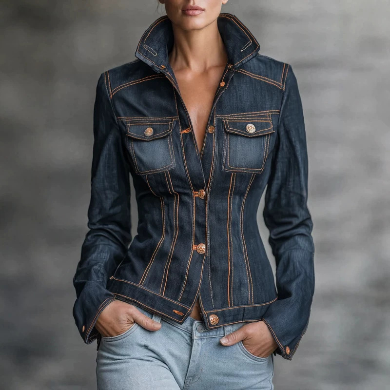 Retro Slim-Fit Dark Denim Jacket with Orange Contrast Stitching