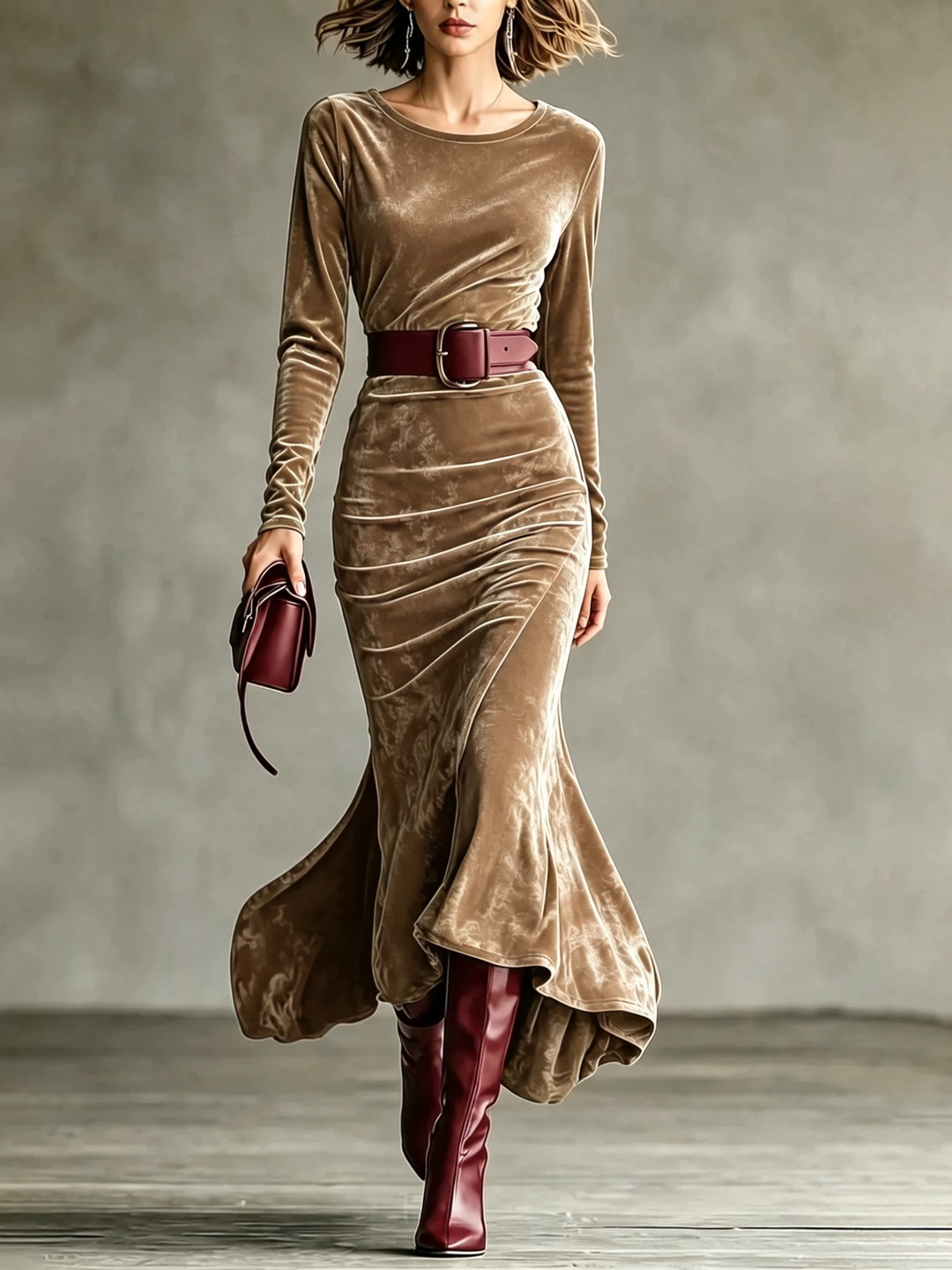 Elegant Velvet Long Sleeve Round Neck Slim Fit Mermaid Dress