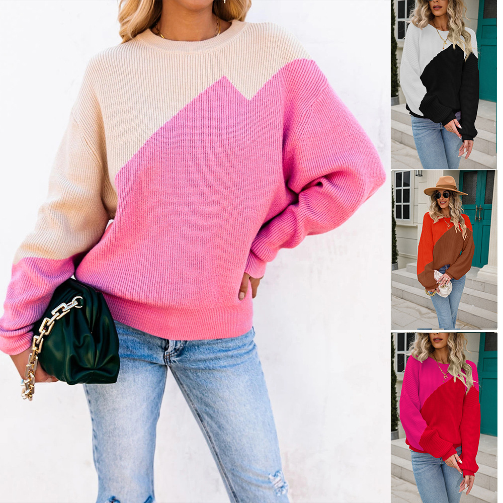 Color-Block Batwing Sleeve Crewneck Knit Sweater for Women