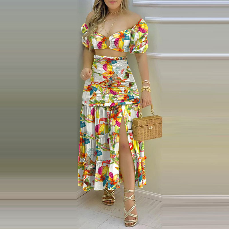 Floral Print Sleeveless Vest and High-Waist Midi Skirt Two-Piece Set