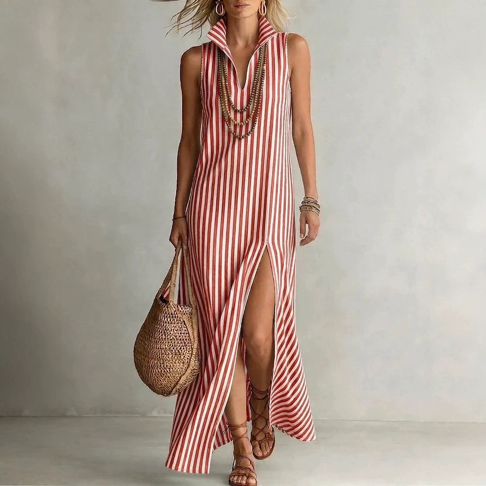 Striped Tie-Neck Sleeveless Slit Midi Dress Casual Loose Fit