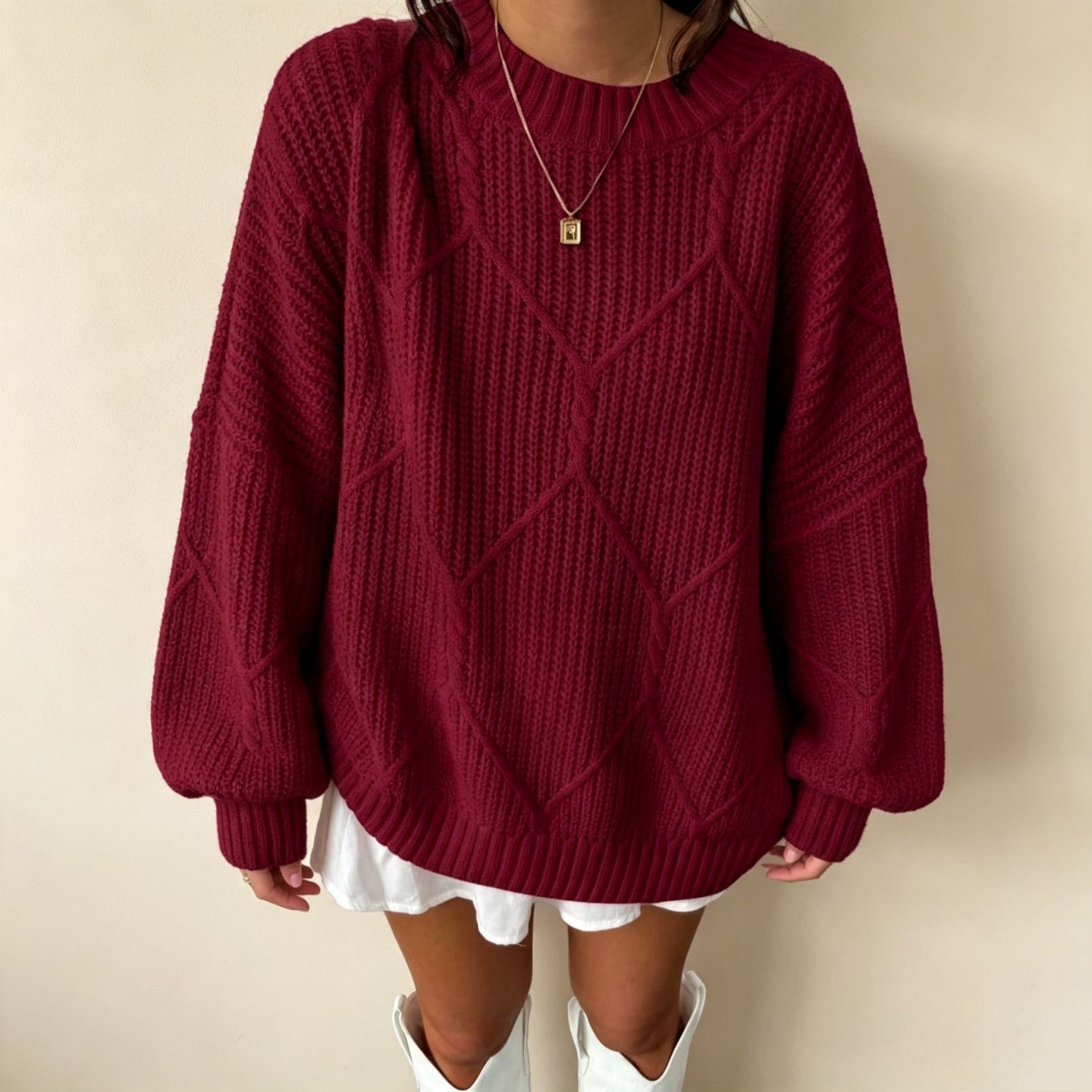 Women's Cable Knit Diamond Crewneck Pullover Sweater