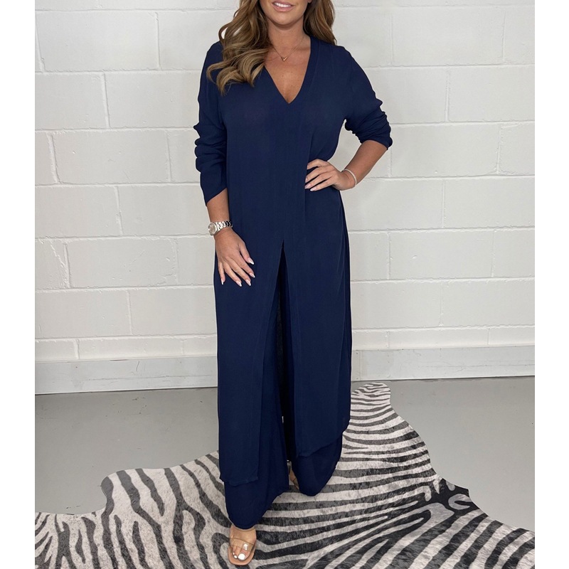 Solid Color Split Long Sleeve Top and Pants Set