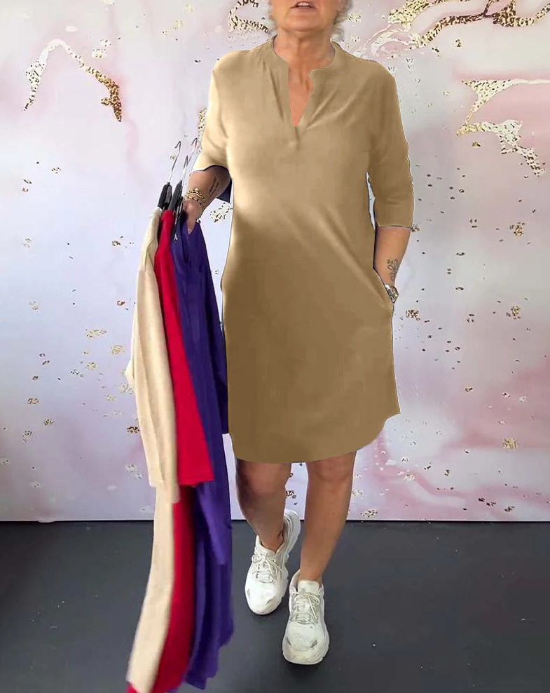 Women's Solid V-Neck Midi Dress Long Sleeve High Waist