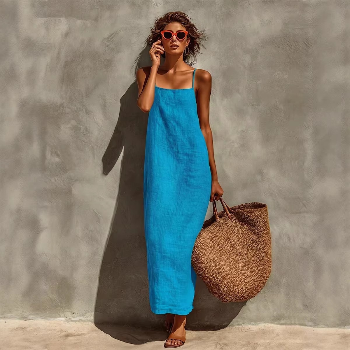 Women's Solid Color Sleeveless Midi Dress Casual Loose Fit