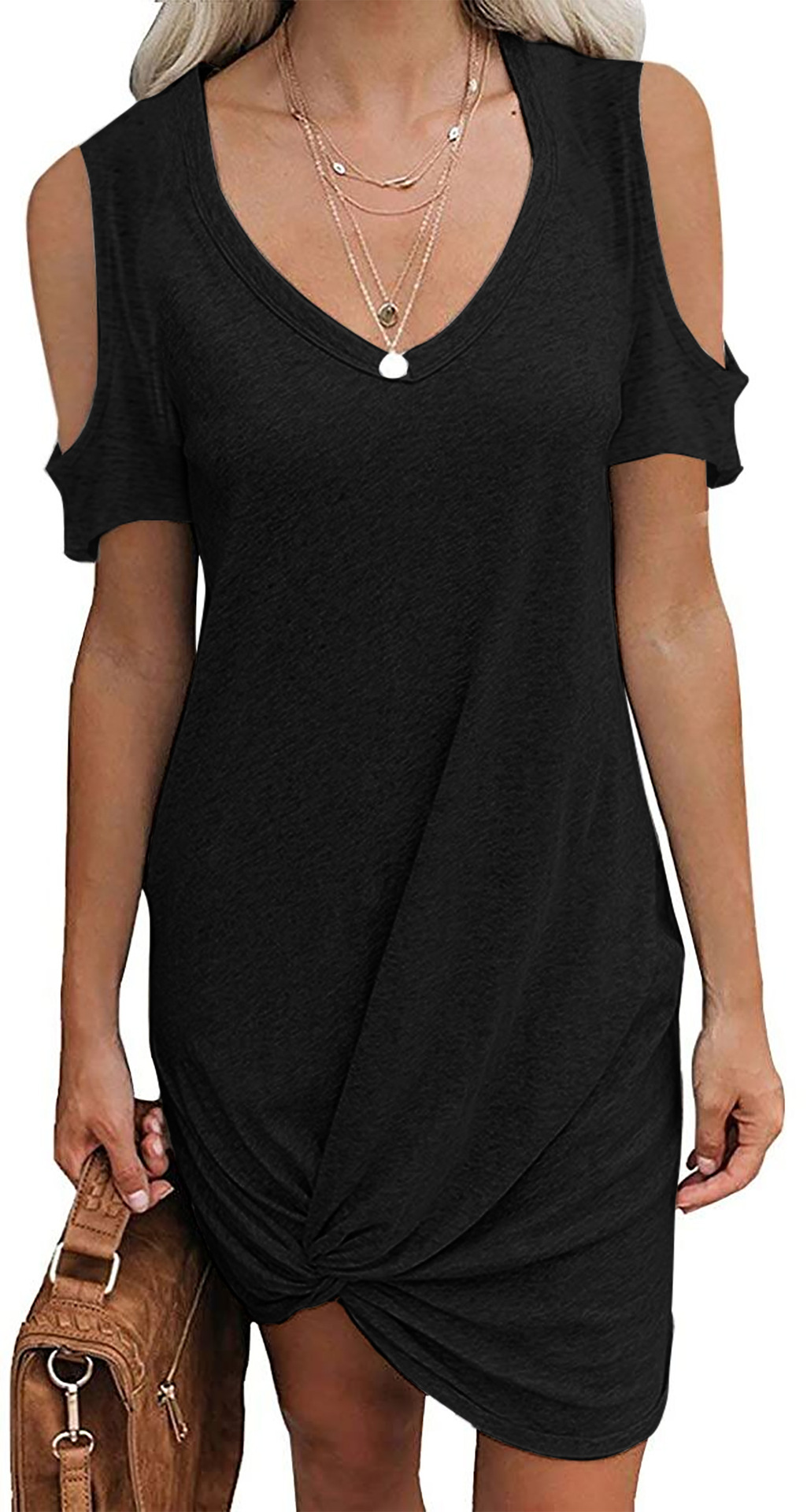 Women's Off-Shoulder Twist Knot Short Sleeve T-Shirt Dress Solid Color