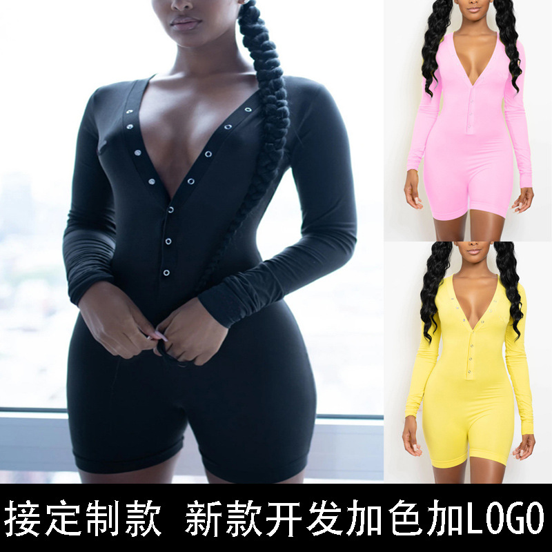 Women's Long Sleeve Deep V-Neck Buttoned Jumpsuit