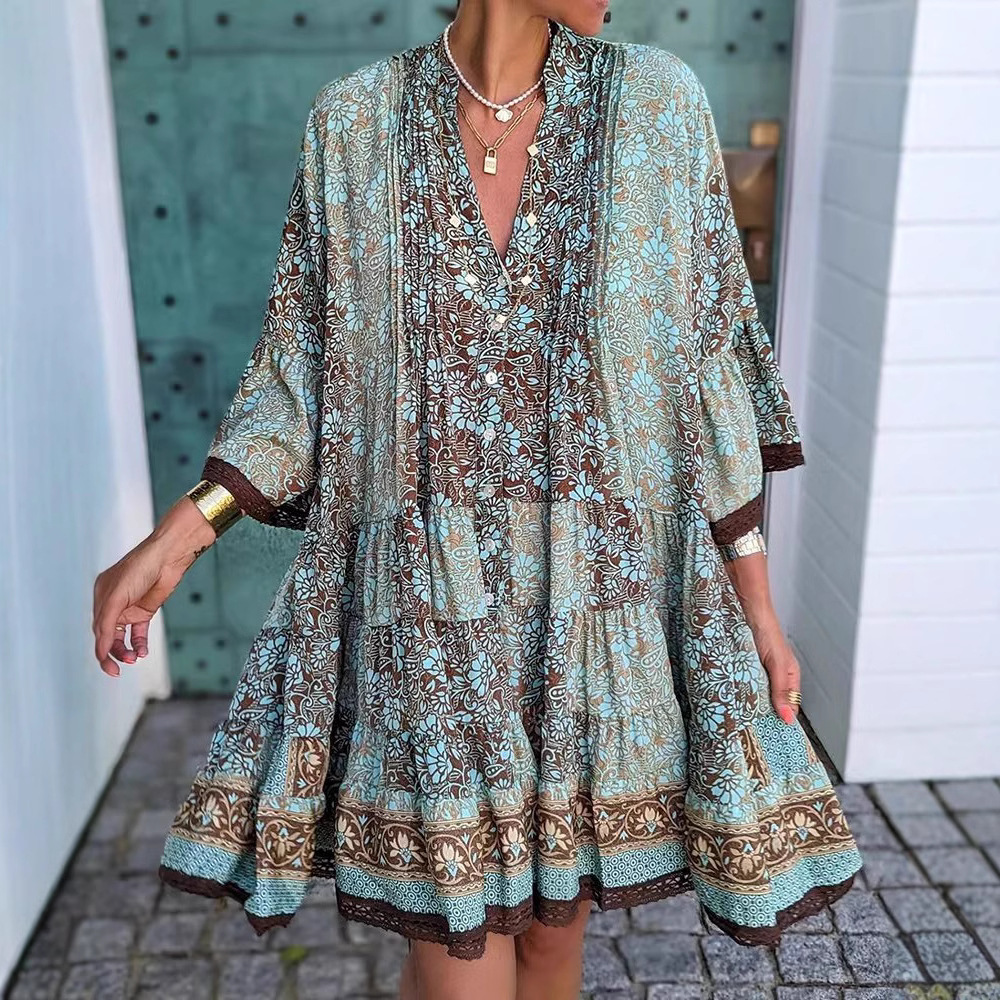 Women's Floral Print V-Neck Bell Sleeve Midi Dress