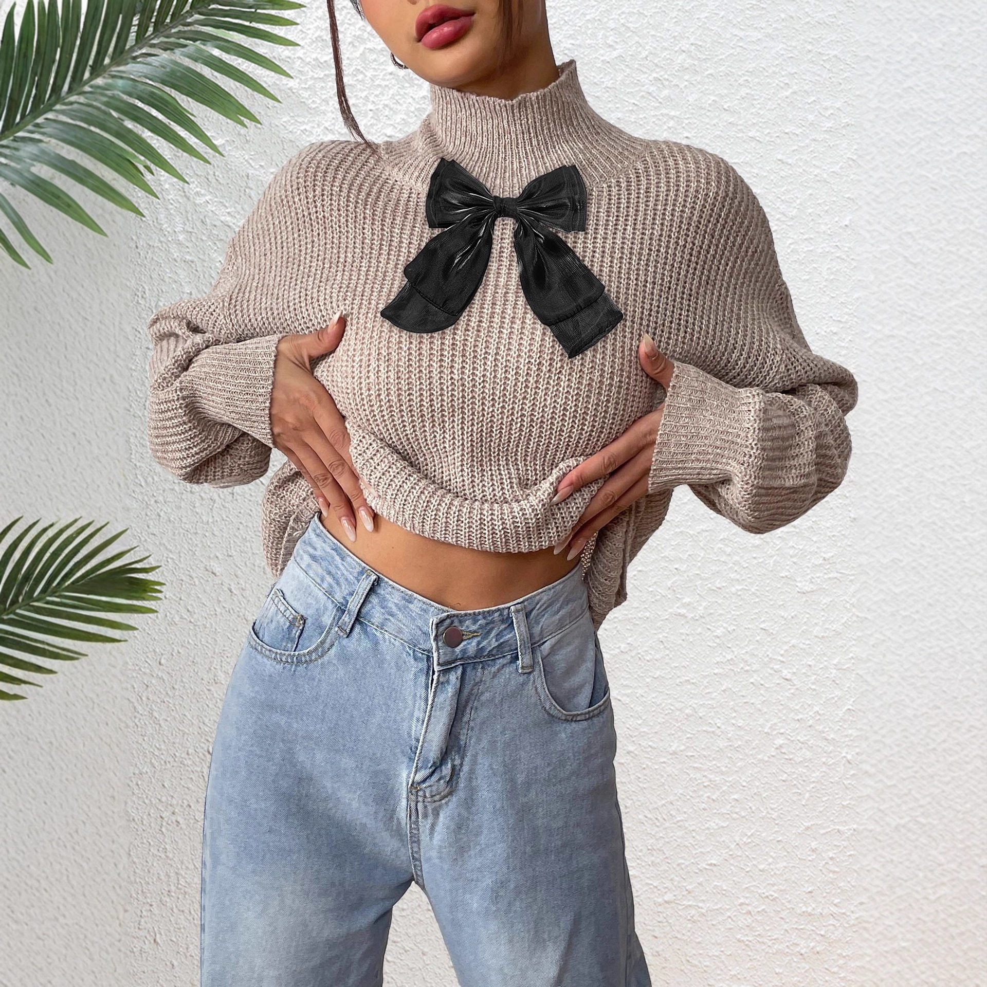 Women's Half-Turtleneck Pullover Sweater with Black Mesh Bow Colorblock