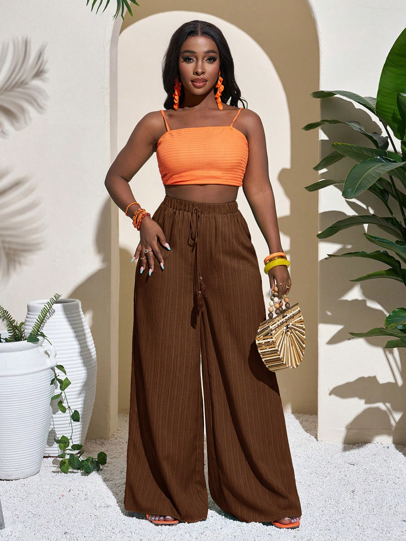 Women's High-Waist Wide-Leg Pants Casual Solid Color Drawstring