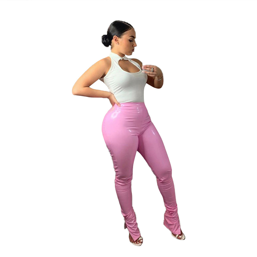 Women's Mid-Rise Stretch PU Leather Skinny Pants with Slit Hem