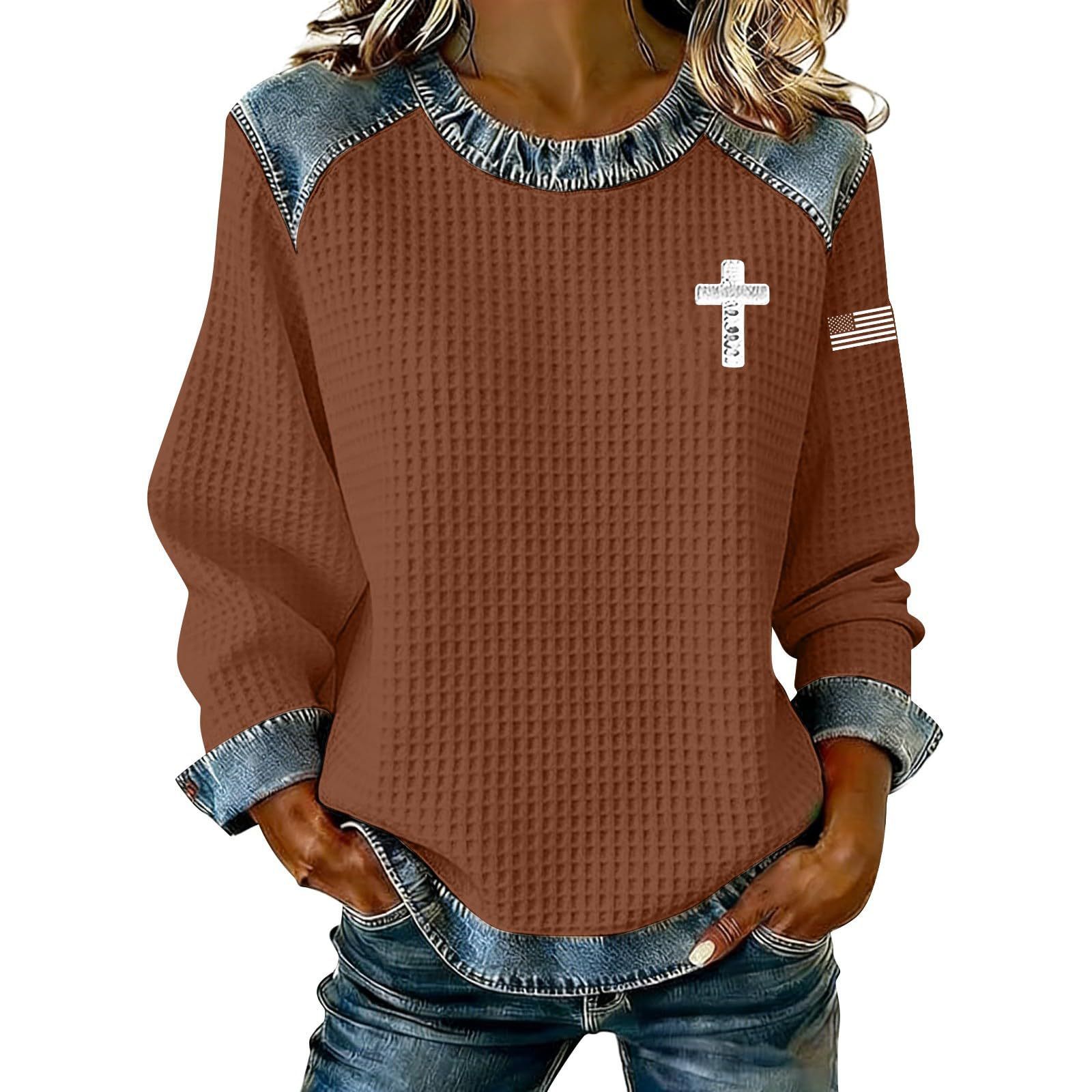 Women's Cross Print Crewneck Pullover Sweatshirt